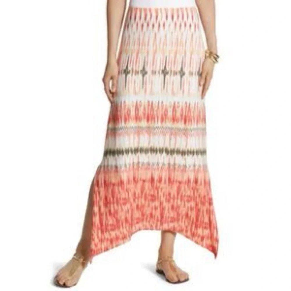 Chico's Bohemian Maxi Skirt  2 L/XL Abstract Ikat Print Handkerchief Hem Flowy